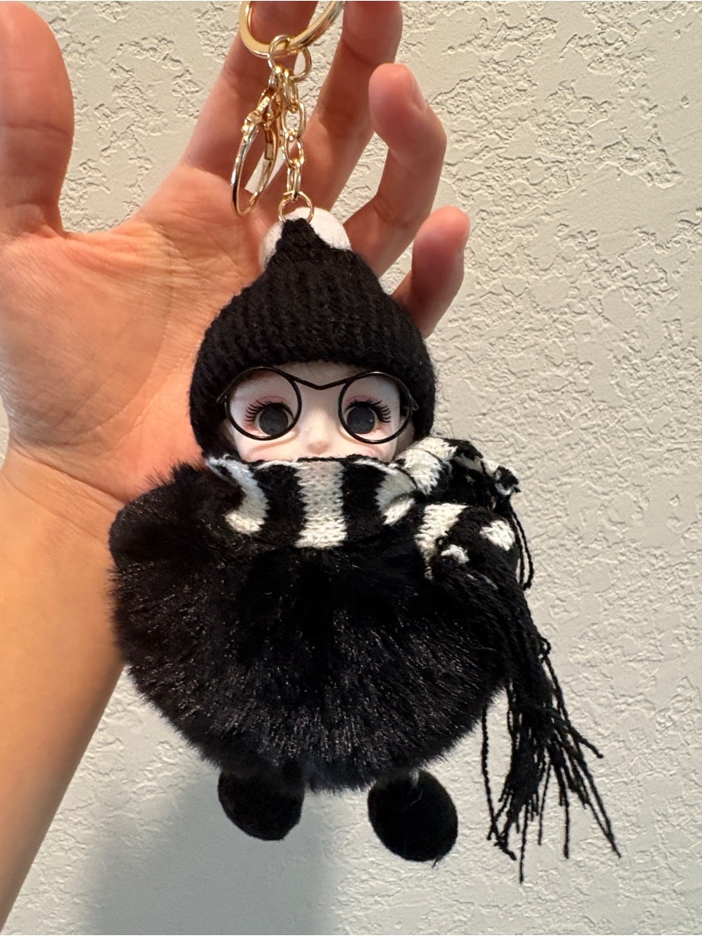 Plush Pom-Pom Doll Bag Charm Keychain with Black Knit Hat and Scarf